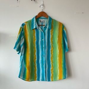 Rare Vintage Short sleeve button down with loud/vibrant blue green colors.